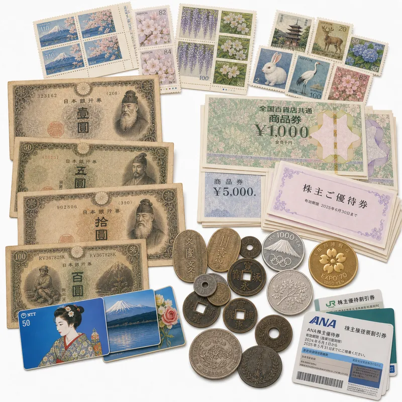 切手・古銭・金券・コインの買取例（切手、古紙幣、記念コイン、商品券）